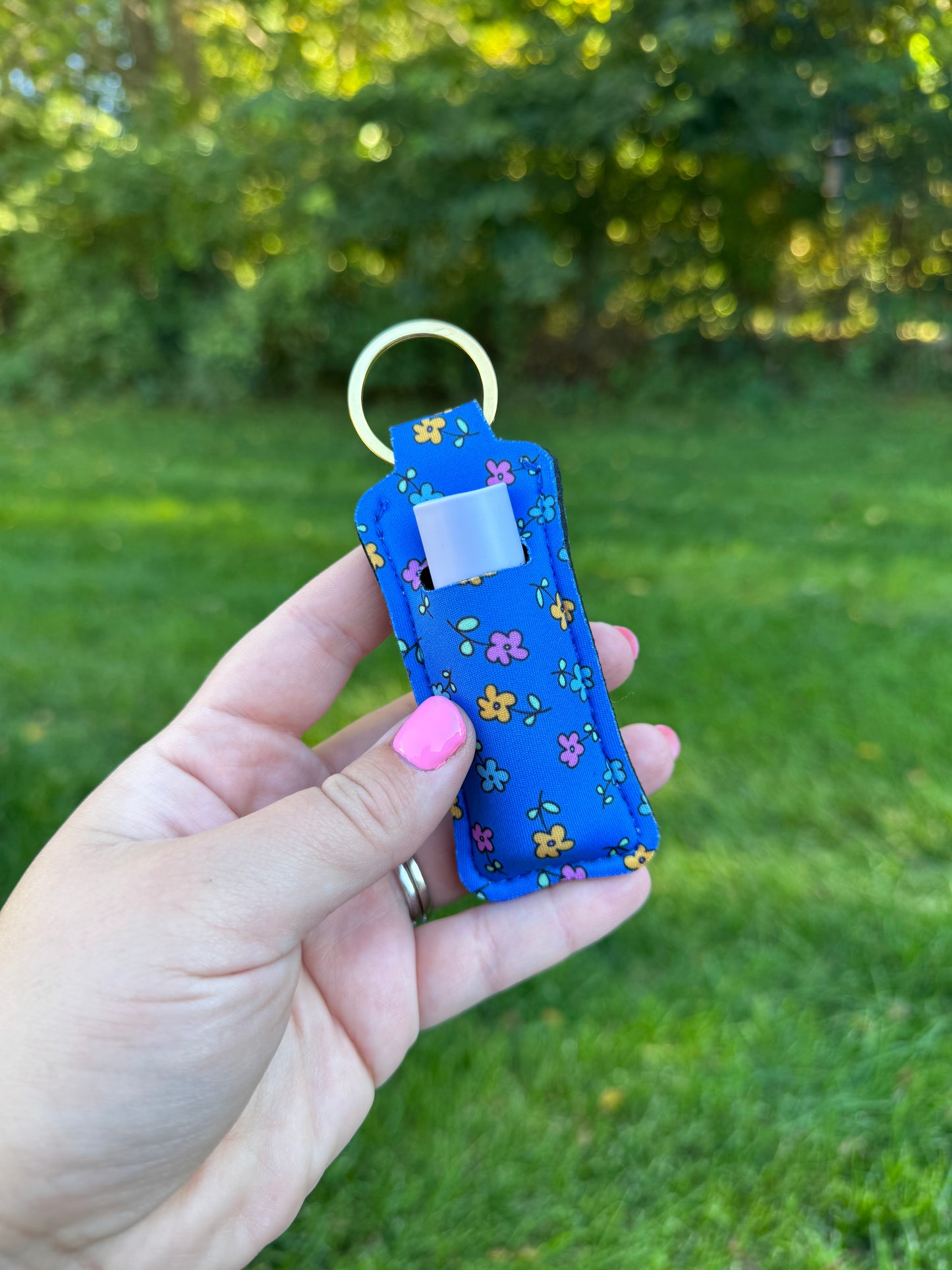 Blue Floral Chapstick Keychain
