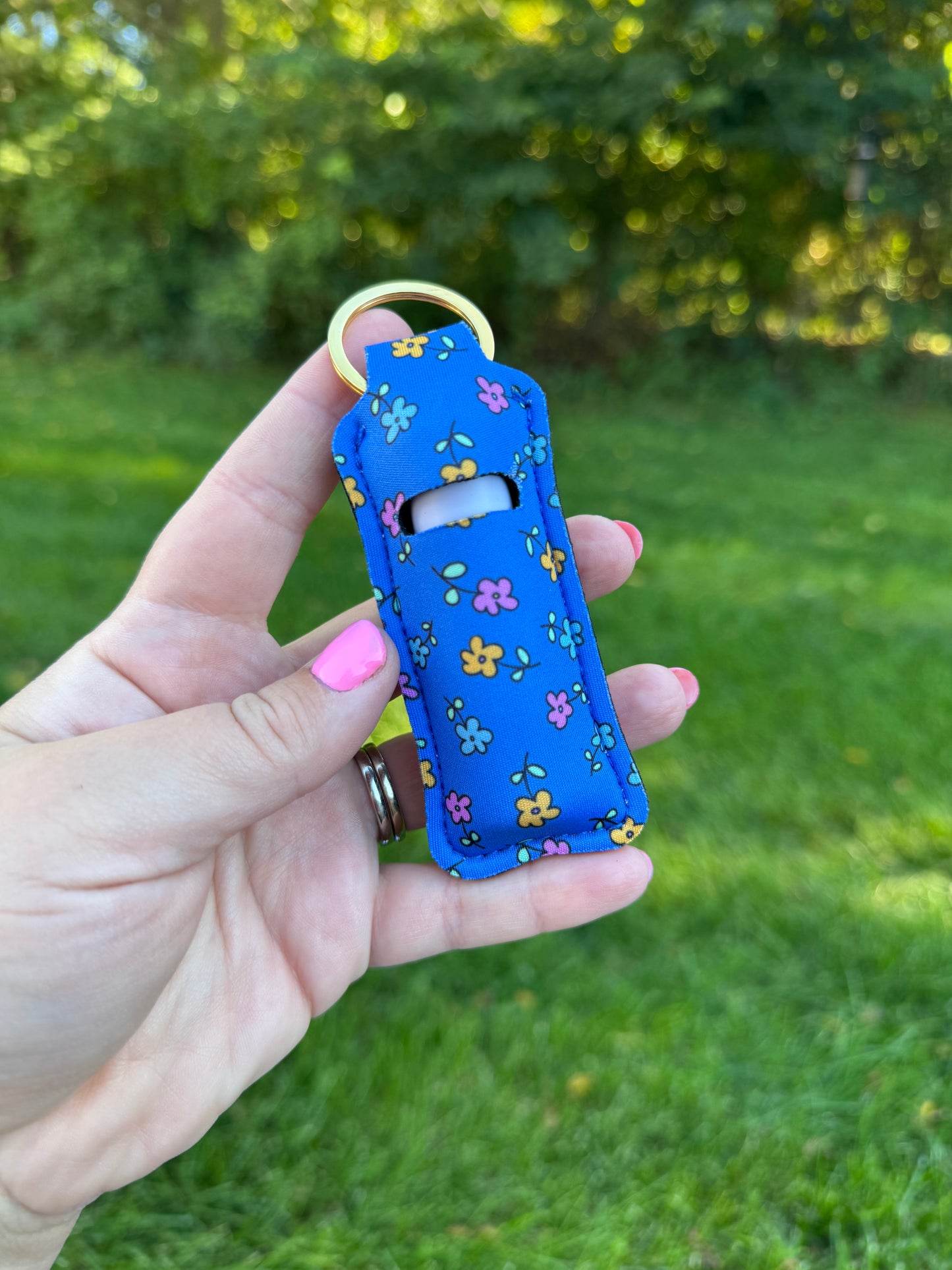 Blue Floral Chapstick Keychain